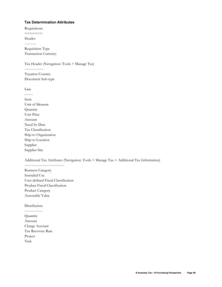 E-business Tax – A Purchasing Perspective Page 49
Tax Determination Attributes
Requisitions
=======
Header
----------
Requisition Type
Transaction Currency
Tax Header (Navigation: Tools > Manage Tax)
----------------
Taxation Country
Document Sub-type
Line
-------
Item
Unit of Measure
Quantity
Unit Price
Amount
Need-by Date
Tax Classification
Ship-to Organization
Ship-to Location
Supplier
Supplier Site
Additional Tax Attributes (Navigation: Tools > Manage Tax > Additional Tax Information)
---------------------------------
Business Category
Intended Use
User-defined Fiscal Classification
Product Fiscal Classification
Product Category
Assessable Value
Distribution
---------------
Quantity
Amount
Charge Account
Tax Recovery Rate
Project
Task
 