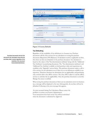 E-business Tax – A Purchasing Perspective Page 12
Figure 3: Country Defaults
Tax Defaulting
Regardless of the availability of tax definitions in e-business tax, Purchase
documents call the eTax services for tax calculation on saving the purchase
documents (Requisition/PO/Releases). If calculation results in applicable tax lines,
then these tax lines are defaulted on the purchase document. Tax calculation is
based on the values of the 'Tax determination attributes' along with the ‘Additional
Tax Attributes’ on purchasing documents. The 'Tax determination attributes', and
‘Additional Tax Attribute’ available on both purchase order and requisitions are
available in the ‘Appendix’ section below. The purchase documents makes a call to
eTax services for tax calculation even if there are no tax definitions available in tax
repository. Therefore ebusiness tax determines the tax applicability and purchasing
only controls calls to the eBTax services. The eTax API is called to avail the eBTax
services to calculate the tax applicability. Once the purchase document is saved the
Manage Tax menu is enabled.
When saving the purchase document, if there are tax calculation errors in ebusiness
tax, a message will be displayed to the user. Subsequently, the tax lines will not be
defaulted. Following is the error message that appears.
An error occurred during Tax Calculation. Please correct the
problem or contact your System Administrator.
Your transactions have been saved. Tax will be recalculated
when the document is submitted for Approval.
Purchase documents call the eTax
services for tax calculation every time the
purchase order is saved regardless of the
taxability of the document
line/schedule/distribution.
 