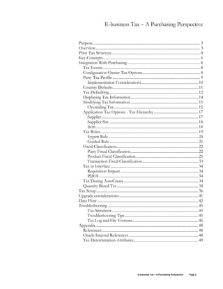 E-business Tax – A Purchasing Perspective Page 2
E-business Tax – A Purchasing Perspective
Purpose............................................................................................................... 3
Overview............................................................................................................. 3
Prior Tax Structure............................................................................................ 4
Key Concepts..................................................................................................... 6
Integration With Purchasing............................................................................ 8
Tax Events..................................................................................................... 8
Configuration Owner Tax Options............................................................ 8
Party Tax Profile........................................................................................... 9
Implementation Considerations...........................................................10
Country Defaults.........................................................................................11
Tax Defaulting.............................................................................................12
Displaying Tax Information......................................................................14
Modifying Tax Information ......................................................................15
Overriding Tax .......................................................................................15
Application Tax Options - Tax Hierarchy..............................................17
Supplier....................................................................................................17
Supplier Site ............................................................................................18
Item ..........................................................................................................18
Tax Rules......................................................................................................19
Expert Rule .............................................................................................20
Guided Rule ............................................................................................21
Fiscal Classification.....................................................................................22
Party Fiscal Classification......................................................................22
Product Fiscal Classification.................................................................25
Transaction Fiscal Classification..........................................................33
Tax in Interface...........................................................................................34
Requisition Import.................................................................................34
PDOI .......................................................................................................34
Tax During AutoCreate .............................................................................34
Quantity Based Tax ....................................................................................34
Tax Setup..........................................................................................................36
Upgrade considerations..................................................................................41
Data Flow.........................................................................................................42
Troubleshooting ..............................................................................................45
Tax Simulator..........................................................................................45
Troubleshooting Tips ............................................................................45
Tax Log and File Versions....................................................................46
Appendix ..........................................................................................................48
References....................................................................................................48
Oracle Internal References........................................................................48
Tax Determination Attributes...................................................................49
 