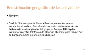 Redistribución geográfica de las actividades
• Ejemplos
• Opel, la filial europea de General Motors, concentra en una
instalacion situada en Barcelona los servicios de tramitación de
facturas de las doce plantas del grupo en Europa. Citicorp ha
instalado su centro telefónico de atención al cliente para todo el Sur
de Europa también en una única ubicación
Lic. Eduardo Hurtado 100
 