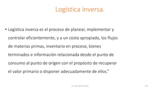 Logística inversa.
• Logística inversa es el proceso de planear, implementar y
controlar eficientemente, y a un costo apropiado, los flujos
de materias primas, inventario en proceso, bienes
terminados e información relacionada desde el punto de
consumo al punto de origen con el propósito de recuperar
el valor primario o disponer adecuadamente de ellos.”
Lic. Eduardo Hurtado 110
 