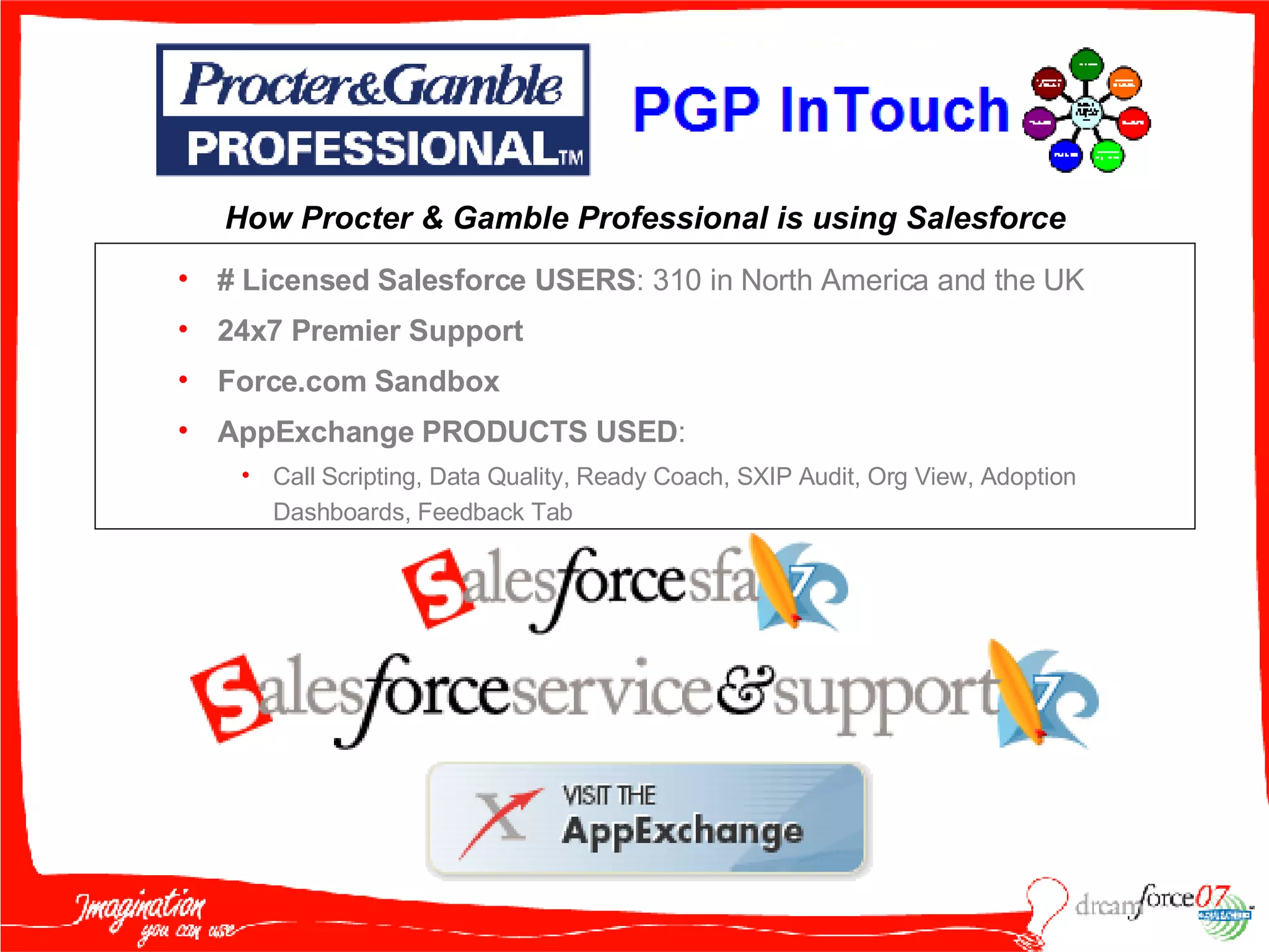 #   Licensed Salesforce USERS : 310 in North America and the UK 24x7 Premier Support Force.com Sandbox AppExchange PRODUCTS USED :  Call Scripting, Data Quality, Ready Coach, SXIP Audit, Org View, Adoption Dashboards, Feedback Tab How Procter & Gamble Professional is using Salesforce 