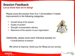 Session Feedback Let us know how we’re doing! Please score the session from 5 to 1 (5=excellent,1=needs improvement) in the following categories: Overall rating of the session Quality of content Strength of presentation delivery Relevance of the session to your organization We strive to improve, t hank you for filling out our survey. Additionally, please score each individual speaker on: Overall delivery of session 