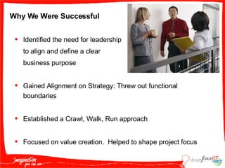 Why We Were Successful Identified the need for leadership  to align and define a clear  business purpose Gained Alignment on Strategy: Threw out functional boundaries  Established a Crawl, Walk, Run approach  Focused on value creation.  Helped to shape project focus 