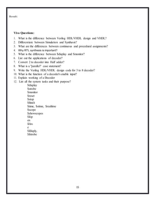 15
Result:
Viva Questions:
1. What is the difference between Verilog HDL/VHDL design and VHDL?
2. Differentiate between Simulation and Synthesis?
3. What are the differences between continuous and procedural assignments?
4. Why RTL synthesis is important?
5. What is the difference between $display and $monitor?
6. List out the applications of decoder?
7. Convert 2 to decoder into Half adder?
8. What is a "parallel" case statement?
9. Write the Verilog HDL/VHDL design code for 3 to 8 decoder?
10. What is the function of a decoder's enable input?
11. Explain working of a Decoder
12. List all the system tasks and their purpose?
$display
$strobe
$monitor
$reset
$stop
$finish
$time, $stime, $realtime
$scope
$showscopes
$fop
en
fclos
e
$fdisply,
$fstrobe
 