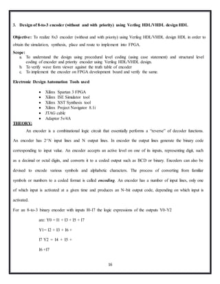 16
3. Design of 8-to-3 encoder (without and with priority) using Verilog HDL/VHDL design HDL
Objective: To realize 8x3 encoder (without and with priority) using Verilog HDL/VHDL design HDL in order to
obtain the simulation, synthesis, place and route to implement into FPGA.
Scope:
a. To understand the design using procedural level coding (using case statement) and structural level
coding of encoder and priority encoder using Verilog HDL/VHDL design.
b. To verify wave form viewer against the truth table of encoder
c. To implement the encoder on FPGA development board and verify the same.
Electronic Design Automation Tools used
 Xilinx Spartan 3 FPGA
 Xilinx ISE Simulator tool
 Xilinx XST Synthesis tool
 Xilinx Project Navigator 8.1i
 JTAG cable
 Adaptor 5v/4A
THEORY:
An encoder is a combinational logic circuit that essentially performs a “reverse” of decoder functions.
An encoder has 2^N input lines and N output lines. In encoder the output lines generate the binary code
corresponding to input value. An encoder accepts an active level on one of its inputs, representing digit, such
as a decimal or octal digits, and converts it to a coded output such as BCD or binary. Encoders can also be
devised to encode various symbols and alphabetic characters. The process of converting from familiar
symbols or numbers to a coded format is called encoding. An encoder has a number of input lines, only one
of which input is activated at a given time and produces an N-bit output code, depending on which input is
activated.
For an 8-to-3 binary encoder with inputs I0-I7 the logic expressions of the outputs Y0-Y2
are: Y0 = I1 + I3 + I5 + I7
Y1= I2 + I3 + I6 +
I7 Y2 = I4 + I5 +
I6 +I7
 