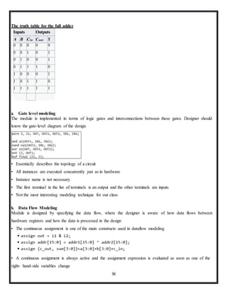 36
The truth table for the full adder
Inputs Outputs
A B Cin Cout S
0 0 0 0 0
0 0 1 0 1
0 1 0 0 1
0 1 1 1 0
1 0 0 0 1
1 0 1 1 0
1 1 1 1 1
a. Gate level modeling
The module is implemented in terms of logic gates and interconnections between these gates. Designer should
know the gate-level diagram of the design.
• Essentially describes the topology of a circuit
• All instances are executed concurrently just as in hardware
• Instance name is not necessary
• The first terminal in the list of terminals is an output and the other terminals are inputs
• Not the most interesting modeling technique for our class
b. Data Flow Modeling
Module is designed by specifying the data flow, where the designer is aware of how data flows between
hardware registers and how the data is processed in the design
• The continuous assignment is one of the main constructs used in dataflow modeling
• A continuous assignment is always active and the assignment expression is evaluated as soon as one of the
right- hand-side variables change
 