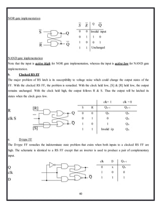 40
S Q
R Q
S
0
0
1
1
R
0
1
0
1
Q
Q
Invalid input
1 0
0 1
Unchanged
NOR gate implementation
NAND gate implementation
Note that the input is active high for NOR gate implementation, whereas the input is active low for NAND gate
implementation.
b. Clocked RS FF
The major problem of RS latch is its susceptibility to voltage noise which could change the output states of the
FF. With the clocked RS FF, the problem is remedied. With the clock held low, [S] & [R] held low, the output
remains unchanged. With the clock held high, the output follows R & S. Thus the output will be latched its
states when the clock goes low.
R
clk S
[R]
Q
Q
[S]
c. D-type FF
The D-type FF remedies the indeterminate state problem that exists when both inputs to a clocked RS FF are
high. The schematic is identical to a RS FF except that an inverter is used to produce a pair of complementary
input.
Q
clk
D
Q
clk= 1 clk = 0
S R Qn+1 Qn+1
0 0 Qn Qn
0 1 0 Qn
1 0 1 Qn
1 1 Invalid i/p Qn
clk D Qn+1
0 x Qn
1 0 0
1 1 1
 