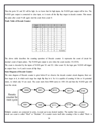 54
Then the ports X1 and X3 will be high. As we know that for high inputs, the NAND gate output will be low. The
NAND gate output is connected to clear input, so it resets all the flip flop stages in decade counter. This means
the pulse after count 9 will again start the count from count 0.
Truth Table of Decade Counter
The above table describes the counting operation of Decade counter. It represents the count of circuit for
decimal count of input pulses. The NAND gate output is zero when the count reaches 10 (1010).
The count is decoded by the inputs of NAND gate X1 and X3. After count 10, the logic gate NAND will trigger
its output from 1 to 0, and it resets all flip flops.
State Diagram of Decade Counter
The state diagram of Decade counter is given below.If we observe the decade counter circuit diagram, there are
four stages in it, in which each stage has single flip flop in it. So it is capable of counting 16 bits or 16 potential
states, in which only 10 are used. The count starts from 0000 (zero) to 1001 (9) and then the NAND gate will
reset the circuit.
Multiple counters are connected in series, to count up to any desired number. The number that a counter
circuit can count is called “Mod” or “Modulus”. If a counter resets itself after counting n bits is called “Mod- n
 