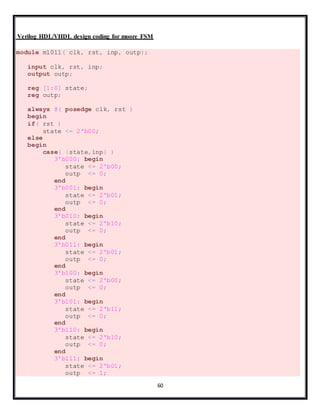 60
Verilog HDL/VHDL design coding for moore FSM
module m1011( clk, rst, inp, outp);
input clk, rst, inp;
output outp;
reg [1:0] state;
reg outp;
always @( posedge clk, rst )
begin
if( rst )
state <= 2'b00;
else
begin
case( {state,inp} )
3'b000: begin
state <= 2'b00;
outp <= 0;
end
3'b001: begin
state <= 2'b01;
outp <= 0;
end
3'b010: begin
state <= 2'b10;
outp <= 0;
end
3'b011: begin
state <= 2'b01;
outp <= 0;
end
3'b100: begin
state <= 2'b00;
outp <= 0;
end
3'b101: begin
state <= 2'b11;
outp <= 0;
end
3'b110: begin
state <= 2'b10;
outp <= 0;
end
3'b111: begin
state <= 2'b01;
outp <= 1;
 