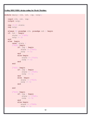 62
Verilog HDL/VHDL design coding for Mealy Machine:
module mealy( clk, rst, inp, outp);
input clk, rst, inp;
output outp;
reg [1:0] state;
reg outp;
always @( posedge clk, posedge rst ) begin
if( rst ) begin
state <= 2'b00;
outp <= 0;
end
else begin
case( state )
2'b00: begin
if( inp ) begin
state <= 2'b01;
outp <= 0;
end
else begin
state <= 2'b10;
outp <= 0;
end
end
2'b01: begin
if( inp ) begin
state <= 2'b00;
outp <= 1;
end
else begin
state <= 2'b10;
outp <= 0;
end
end
2'b10: begin
if( inp ) begin
state <= 2'b01;
outp <= 0;
end
else begin
state <= 2'b00;
outp <= 1;
 