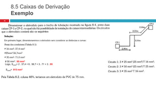 8.5 Caixas de Derivação
Exemplo
16
# 50 mm2 : 95 mm2
Logo, Scond= 2 . 37,4 + 6 . 56,7 + 3 . 71 + 3 . 95
Scond= 913 mm2
 