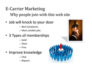 E-Carrier Marketing
  Why people join with this web site
• Job will knock to your door
        – Best Companies
        – Most suitable jobs

• 3 Types of memberships
        – Gold
        – Silver
        – Free

• Improve knowledge
        – Chat
        – Reports
 