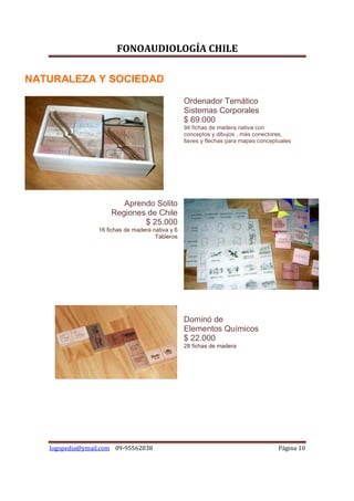 FONOAUDIOLOGÍA CHILE

NATURALEZA Y SOCIEDAD

                                                  Ordenador Temático
                                                  Sistemas Corporales
                                                  $ 69.000
                                                  94 fichas de madera nativa con
                                                  conceptos y dibujos , más conectores,
                                                  llaves y flechas para mapas conceptuales




                        Aprendo Solito
                     Regiones de Chile
                             $ 25.000
                 16 fichas de madera nativa y 6
                                      Tableros




                                                  Dominó de
                                                  Elementos Químicos
                                                  $ 22.000
                                                  28 fichas de madera




   logopedia@ymail.com 09-95562838                                                   Página 10
 