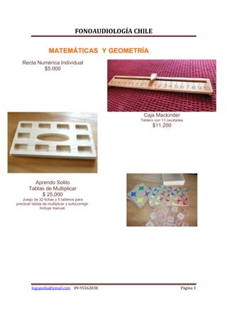 FONOAUDIOLOGÍA CHILE

                    MATEMÁTICAS Y GEOMETRÍA
   Recta Numérica Individual
           $5.000




                                                      Caja Mackinder
                                                     Tablero con 11 cavidades
                                                            $11.200




          Aprendo Solito
        Tablas de Multiplicar
             $ 25.000
    Juego de 32 fichas y 5 tableros para
practicar tablas de multiplicar y autocorregir.
               Incluye manual.




         logopedia@ymail.com 09-95562838                                   Página 3
 