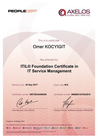 Omer KOCYIGIT
ITIL® Foundation Certificate in
IT Service Management
20 Sep 2017
GR750334495OK
Printed on 10 October 2017
N/A
9980061347623910
 