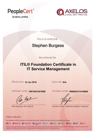 Stephen Burgess
ITIL® Foundation Certificate in
IT Service Management
23 Jan 2016
GR750219519SB
Printed on 9 May 2018
N/A
9980023314148869
 