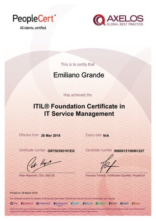 Emiliano Grande
ITIL® Foundation Certificate in
IT Service Management
26 Mar 2018
GR750395191EG
Printed on 28 March 2018
N/A
9980012158961227
 