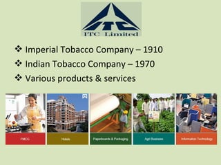  Imperial Tobacco Company – 1910
 Indian Tobacco Company – 1970
 Various products & services
 