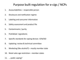 Purpose built regulation for e-cigs / NCPs
1.

Accountabilities – responsible person

2.

Disclosure and notification regime

3.

Labeling and consumer information

4.

Safety assessment and product file

5.

Contaminants / purity

6.

Prohibited ingredients

7.

Specific standards for vaping devices CEN/ISO

8.

Updating: review & technical committee

9.

Marketing (like alcohol?) – mostly member state

10. Retail sales age restriction – member states
11. … public vaping?

 