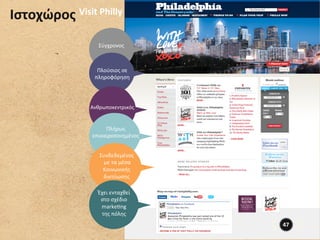 Ιστοχώρος	
  Visit	
  Philly	
  


                         Σύγχρονος	
  



                        Πλούσιος	
  σε	
  
                       πληροφόρηση	
  




                      Ανθρωποκεντρικός	
  


                           Πλήρως	
  
                      επικαιροποιημένος	
  


                          Συνδεδεμένος	
  
                           	
  με	
  τα	
  μέσα	
  
                            Κοινωνικής	
  
                              δικτύωσης	
  

                         Έχει	
  ενταχθεί	
  	
  
                          στο	
  σχέδιο	
  	
  
                          markeong	
  	
  
                          της	
  πόλης	
  
                                                      47	
  
 