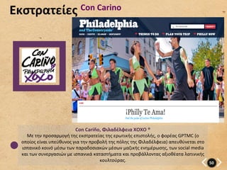 Εκστρατείες	
   Con	
  Carino	
  




                                       Con	
  Cariño,	
  Φιλαδέλφεια	
  XOXO	
  ®	
  
     Με	
  την	
  προσαρμογή	
  της	
  εκστρατείας	
  της	
  ερωτικής	
  επιστολής,	
  ο	
  φορέας	
  GPTMC	
  (ο	
  
   οποίος	
  είναι	
  υπεύθυνος	
  για	
  την	
  προβολή	
  της	
  πόλης	
  της	
  Φιλαδέλφεια)	
  απευθύνεται	
  στο	
  
   ισπανικό	
  κοινό	
  μέσω	
  των	
  παραδοσιακών	
  μέσων	
  μαζικής	
  ενημέρωσης,	
  των	
  social	
  media	
  
   και	
  των	
  συνεργασιών	
  με	
  ισπανικά	
  καταστήματα	
  και	
  προβάλλοντας	
  αξιοθέατα	
  λατινικής	
  
                                                     κουλτούρας.	
                                                        50	
  
 