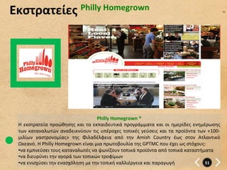 Εκστρατείες	
   Philly	
  Homegrown	
  




                                                      Philly	
  Homegrown	
  ®	
  
  Η	
   εκστρατεία	
   προώθησης	
   και	
   τα	
   εκπαιδευτικά	
   προγράμματα	
   και	
   οι	
   ημερίδες	
   ενημέρωσης	
  
  των	
   καταναλωτών	
   αναδεικνύουν	
   τις	
   υπέροχες	
   τοπικές	
   γεύσεις	
   και	
   τα	
   προϊόντα	
   των	
   «100-­‐
  μιλίων	
   γαστρονομίας»	
   της	
   Φιλαδέλφεια	
   από	
   την	
   Amish	
   Country	
   έως	
   στον	
   Ατλαντικό	
  
  Ωκεανό.	
  Η	
  Philly	
  Homegrown	
  είναι	
  μια	
  πρωτοβουλία	
  της	
  GPTMC	
  που	
  έχει	
  ως	
  στόχους:	
  
  • να	
  εμπνεύσει	
  τους	
  καταναλωτές	
  να	
  ψωνίζουν	
  τοπικά	
  προϊόντα	
  από	
  τοπικά	
  καταστήματα	
  
  • να	
  διευρύνει	
  την	
  αγορά	
  των	
  τοπικών	
  τροφίμων	
  
  • να	
  ενισχύσει	
  την	
  ενασχόληση	
  με	
  την	
  τοπική	
  καλλιέργεια	
  και	
  παραγωγή	
                    51	
  
 