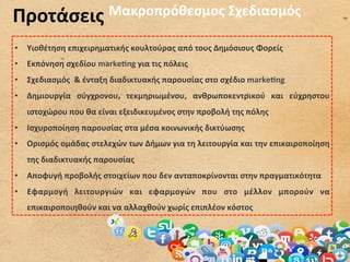 Προτάσεις	
   Μακροπρόθεσμος	
  Σχεδιασμός	
  

•  Υιοθέτηση	
  επιχειρηματικής	
  κουλτούρας	
  από	
  τους	
  Δημόσιους	
  Φορείς	
  
•  Εκπόνηση	
  σχεδίου	
  markegng	
  για	
  τις	
  πόλεις	
  
•  Σχεδιασμός	
  	
  &	
  ένταξη	
  διαδικτυακής	
  παρουσίας	
  στο	
  σχέδιο	
  markegng	
  
•  Δημιουργία	
   σύγχρονου,	
   τεκμηριωμένου,	
   ανθρωποκεντρικού	
   και	
   εύχρηστου	
  
    ιστοχώρου	
  που	
  θα	
  είναι	
  εξειδικευμένος	
  στην	
  προβολή	
  της	
  πόλης	
  
•  Ισχυροποίηση	
  παρουσίας	
  στα	
  μέσα	
  κοινωνικής	
  δικτύωσης	
  
•  Ορισμός	
  ομάδας	
  στελεχών	
  των	
  Δήμων	
  για	
  τη	
  λειτουργία	
  και	
  την	
  επικαιροποίηση	
  
    της	
  διαδικτυακής	
  παρουσίας	
  
•  Αποφυγή	
  προβολής	
  στοιχείων	
  που	
  δεν	
  ανταποκρίνονται	
  στην	
  πραγματικότητα	
  
•  Εφαρμογή	
   λειτουργιών	
   και	
   εφαρμογών	
   που	
   στο	
   μέλλον	
   μπορούν	
   να	
  
    επικαιροποιηθούν	
  και	
  να	
  αλλαχθούν	
  χωρίς	
  επιπλέον	
  κόστος	
  	
  
 