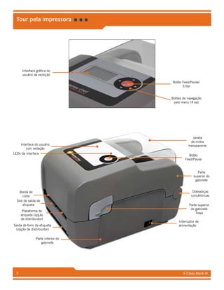 E-Class Mark III9
Tour pela impressora
Interruptor de
alimentação
Parte inferior do
gabinete
Botão
Feed/Pause
Janela
de mídia
transparente
Dobradiças
concêntricas
Parte superior
do gabinete
Trava
Borda de
corte
Slot de saída de
etiqueta
Saída de forro da etiqueta
(opção de distribuidor)
Plataforma de
etiqueta (opção
de distribuidor)
Parte
superior do
gabinete
Interface do usuário
com vedação
LEDs da interface
Botão Feed/Pause/
Enter
Interface gráfica do
usuário de exibição
Botões de navegação
pelo menu (4 ea)
 