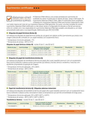 E-Class Mark III27
Suprimentos certificados
A Datamax-O’Neil oferece uma ampla variedade de suprimentos de
qualidade de classe mundial para os setores de joias, varejo e fabricação. Os
suprimentos Datamax-O’Neil E-Class, Mark III certificados foram projetados
e testados em impressoras Datamax-O’Neil para fornecer desempenho ideal
com saída máxima por meio de sua impressora Datamax-O’Neil garantida. Se quiser uma lista completa de nossos
suprimentos Datamax-O’Neil certificados ou não estiver vendo a configuração de etiqueta ou fita de que precisa,
entre em contato com o seu especialista em suprimentos Datamax-O’Neil para projetar uma etiqueta ou um rótulo
personalizado exato para a sua especificação, telefonando para 407-523-5700.
Etiquetas de papel térmicas diretas IQ
Um estoque de etiquetas de papel térmicas diretas de uso geral com adesivo acrílico permanente que produz uma
imagem preta de alto contraste em um papel revestido com acabamento fosco.
* Temperatura mínima de aplicação: -7°C
* Temperatura de serviço: -54°C a 71°C
Etiquetas de papel térmicas diretas IQ - núcleo ID de 1, rolo OD de 5
Número de peça Local da entrega Largura de tamanho da etiqueta
(polegada) x altura (polegada)
Etiquetas/caixa Etiquetas/rolo Rolos/caixa
D100-200400P15 CA, FL, IL 50,8 mm x 101,60 mm (2,00 x 4,00) 12.150 1.350 9
D100-400300P15 CA, FL, IL 101,60 mm x 76,20 mm (4,00 x 3,00) 8.100 900 9
D100-400600P15 CA, FL, IL 101,60 mm x 152,40 mm (4,00 x 6,00) 4.050 450 9
Etiquetas de papel de transferência térmica IQ
Um estoque de etiquetas de transferência térmica de papel ultra suave revestido premium com um acabamento
fosco branco brilhante e adesivo acrílico permanente que oferece uma face densa e resistente a manchas com
excelentes propriedades de geração de imagem.
* Temperatura mínima de aplicação: -4°C a 66°C
* Temperatura de serviço: -54°C a 93°C
Número de peça Local da entrega Largura de tamanho da etiqueta
(polegada) x altura (polegada)
Etiquetas/caixa Etiquetas/rolo Rolos/caixa
T100-150100P15 IL 38,10 mm x 25,40 mm (1,50 x 1,00) 22.500 2.500 9
T100-200100P15 IL 50,8 mm x 25,40 mm (2,00 x 1,00) 22.500 2.500 9
T100-300300P15 IL 76,20 mm x 76,20 mm (3,00 x 3,00) 8.100 900 9
T100400200P15 IL 101,60 mm x 50,8 mm (4,00 x 2,00) 12.150 1.350 9
T100-400300P15 IL 101,60 mm x 76,20 mm (4,00 x 3,00) 8.100 900 9
T100-400600P15 IL 101,60 mm x 152,40 mm (4,00 x 6,00) 4.050 450 9
Papel de transferência térmica IQ - Etiquetas adesivas removíveis
Um estoque de etiquetas de transferência térmica de papel ultra suave revestido premium com um acabamento fosco
branco brilhante e adesivo acrílico removível em todas as temperaturas que permite removibilidade de longo prazo.
* Temperatura mínima de aplicação: 0°C a 49°C (32°F a 120°F)
* Temperatura de serviço: -40°C a 93°C (-40°F a 200°F)
Transferência térmica - núcleo ID de 1, rolo OD de 5
Número de peça Local da entrega
Largura de tamanho da etiqueta
(polegada) x altura (polegada)
Etiquetas/caixa Etiquetas/rolo Rolos/caixa
T150-400600P15 IL 101,60 mm x 152,40 mm (4,00 x 6,00) 4.050 450 9
 