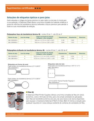 www.datamax-oneil.com 28
Fitas IQ
A Datamax-O’Neil Printer Supplies oferece uma linha completa de fitas em vários
tamanhos, cores e fórmulas de tinta, para uma ampla variedade de aplicações.
Com fitas de transferência térmica de cera, de cera-resina e de resina disponíveis
para equipar a impressora Datamax-O’Neil’s E-Class Mark III, temos a solução para
qualquer requisito em nosso estoque existente de centenas de variedades de fitas.
Suprimentos certificados
Soluções de etiquetas ópticas e para joias
Exibir etiquetas e códigos de barras precisos no setor óptico ou de joias é crucial para
a sua operação. A Datamax-O’Neil oferece uma linha completa de materiais sintéticos à
prova de manchas de transferência térmica brilhantes e foscos premium para atender a
todas as suas necessidades de exibição.
Polipropileno fosco de transferência térmica IQ - núcleo ID de 1, rolo OD de 4
Número de peça Local da entrega
Largura de tamanho da etiqueta
(polegada) x altura (polegada)
Etiquetas/caixa Etiquetas/rolo Rolos/caixa
DMJ-200050N14 IL 50,8 mm x 12,70 mm (2,00 x 0,50) 5.130 2.565 2
DMJ-200069N14 IL 50,8 mm x 17,53 mm (2,00 x 0,69) 3.950 1.975 2
Polipropileno brilhante de transferência térmica IQ - núcleo ID de 1, rolo OD de 4
Número de peça Local da entrega
Largura de tamanho da etiqueta
(polegada) x altura (polegada)
Etiquetas/caixa Etiquetas/rolo Rolos/caixa
DMJ-350044N14 IL 76,20 mm x 11,11 mm (3,50 x 0,4375) 6.300 3.150 2
DMJ-188100N14 IL 47,63 mm x 25,40 mm (1,875 x 1,00) 3.500 1.750 2
3.5” X 0.4375” Thermal Transfer Polyprop 4
DMJ-350044N14
Etiquetas rabo de rato
Polipropileno de transferência térmica 1,875 X 1,0 4
DMJ-188100N14
Papel sintético de transferência térmica 2,0 X 0,6875
DMJ-200069N14
Etiquetas em forma de anel
Papel sintético de transferência térmica 2,0 X 0,6875
DMJ-200050N14
 