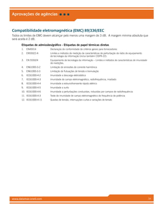 www.datamax-oneil.com 34
Aprovações de agências
Compatibilidade eletromagnética (EMC) 89/336/EEC
Todos os limites de EMC devem alcançar pelo menos uma margem de 3 dB. A margem mínima absoluta que
será aceita é 2 dB.
Etiquetas de admissões/gráfico - Etiquetas de papel térmicas diretas
1.	 EN45014		 Declaração de conformidade de critérios gerais para fornecedores
2.	 EN55022-A		Limites e métodos de medição de características de perturbação de rádio de equipamento
de tecnologia da informação (inclui também CISPR-22).
3.	 EN 555024		Equipamento de tecnologia da informação – Limites e métodos de características de imunidade
de medições.
4.	 EN61000-3-2		 Limitação de emissões de corrente harmônica
5.	 EN61000-3-3		 Limitação de flutuações de tensão e tremulação
6.	 IEC61000-4-2	 Imunidade a descarga eletrostática
7.	 IEC61000-4-3	 Imunidade de campo eletromagnético, radiofrequência, irradiado
8.	 IEC61000-4-4	 Imunidade a estouro/transiente rápido elétrico
9.	 IEC61000-4-5	 Imunidade a surto
10.	 IEC61000-4-6	 Imunidade a perturbações conduzidas, induzidas por campos de radiofrequência
11.	 IEC61000-4-3	 Teste de imunidade de campo eletromagnético de frequência de potência
12.	 IEC61000-4-11	 Quedas de tensão, interrupções curtas e variações de tensão
 