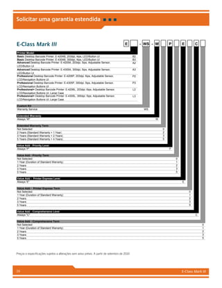 E-Class Mark III39
E-Class Mark III E - WS - W P E C
Printer Model
Basic Desktop Barcode Printer: E-4204B, 203dpi, 4ips, LED/Button UI B2
Basic Desktop Barcode Printer: E-4304B, 300dpi, 4ips, LED/Button UI B3
Advanced Desktop Barcode Printer: E-4205A, 203dpi, 5ips, Adjustable Sensor,
LED/Button UI
A2
Advanced Desktop Barcode Printer: E-4305A, 300dpi, 5ips, Adjustable Sensor,
LED/Button UI
A3
Professional Desktop Barcode Printer: E-4206P, 203dpi, 6ips, Adjustable Sensor,
LCD/Navigation Buttons UI
P2
Professional Desktop Barcode Printer: E-4305P, 300dpi, 5ips, Adjustable Sensor,
LCD/Navigation Buttons UI
P3
Professional+ Desktop Barcode Printer: E-4206L, 203dpi, 6ips, Adjustable Sensor,
LCD/Navigation Buttons UI, Large Case
L2
Professional+ Desktop Barcode Printer: E-4305L, 300dpi, 5ips, Adjustable Sensor,
LCD/Navigation Buttons UI, Large Case
L3
Custom Kit
Warranty Service WS
Extended Warranty
Always 'W W
Extended Warranty Term
Not Selected 0
2 Years (Standard Warranty + 1 Year) 2
3 Years (Standard Warranty + 2 Years) 3
5 Years (Standard Warranty + 4 Years) 5
Value Add - Priority Level
Always 'P P
Value Add - Priority Term
Not Selected 0
1 Year (Duration of Standard Warranty) 1
2 Years 2
3 Years 3
5 Years 5
Value Add - Printer Express Level
Always 'E E
Value Add - Printer Express Term
Not Selected 0
1 Year (Duration of Standard Warranty) 1
2 Years 2
3 Years 3
5 Years 5
Value Add - Comprehensive Level
Always C C
Value Add - Comprehensive Term
Not Selected 0
1 Year (Duration of Standard Warranty) 1
2 Years 2
3 Years 3
5 Years 5
Solicitar uma garantia estendida
Preços e especificações sujeitos a alterações sem aviso prévio. A partir de setembro de 2010
E-Class Mark III
 