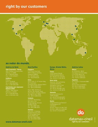 right by our customers
www.datamax-oneil.com
América do Norte
Sede Corporativa - Flórida
4501 Parkway Commerce Blvd.
Orlando, FL 32808
Tel: +1 800-816-9649
Fax: +1 407-578-8377
Califórnia
8 Mason
Irvine, CA 92618
Tel: +1 949-458-0500
Fax: +1 949-458-0708
Suprimentos para impressora
Datamax-O’Neil
7656 E. 700th Avenue
Robinson, IL 62454
Tel: +1 618-546-5418
Fax: +1 618-546-1518
Ásia-Pacífico
Cingapura
9 Toh Guan Road East
#04-01 Alliance Building
Singapore 608604
Tel: +65-6505-2250
Fax: +65-6769-8135
China
Room 1016, FL 10 Tianjian Bldg.
6th Huixinnanli
Chaoyang District, Beijing 100011
Tel: +86-10-6496-9313
Fax: +86-10-6494-8937
Room 1802, Buliding A,
IBC No. 391 Guiping Road,
Xuhui District, Shanghai 200233
Tel: +86-21-2411-2628
Fax: +86-21-6495-6018
Tailândia
2nd Floor, RN Building
961 Rama 3 Rd
Bangpongpang, Yannawa
Bangkok 10120
Tel: +66-2-689-7333
Fax: +66-2-686-3433
Austrália
Suite 201, T1 Building
Norwest Business Park
14-16 Lexington Drive
Sydney NSW 2153
Tel: +61-2-9421-5602
Fax: +61-2-9421-5699
Europa, Oriente Médio,
África
França
9 Rue Gaspard Monge
26500 Bourg-lès-Valence
Tel: +33 (0) 4 75 75 63 00
Fax: +33 (0) 4 75 82 98 39
Reino Unido
Alexander Fleming Building
University Boulevard
Nottingham Science Park
Nottingham NG7 2RF
Tel: +44 (0) 790 968 1728
Fax: +33 (0) 4 75 82 98 39
Alemanha
Schockenriedstrasse 8c
70565 Stuttgart
Tel: +49 (0) 6103-8316870
Fax: +33 (0) 4 75 82 98 39
Áustria
Zweigniederlassung Österreich
Lemböckgasse 47b
1230 Wien
Tel: DE:+ 49 (0) 173 340 7745
Tel: SLO: +386 (0) 31 626 800
Fax +33 (0) 4 75 82 98 39
América Latina
México
Av. Central No. 186-B
Col. Nueva Industrial Vellejo
C.P 07700, Mexico DF
Tel: +52-55-1168-6146
Fax: +52-55-1168-6102
Argentina
Av. Franklin D. Roosevelt 4989
Suite 303
Buenos Aires (C1431BZC)
Tel: +54-11-5555-6519
Fax: +54-11-4521-8022
ao redor do mundo.
rev.070612
 