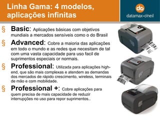 Linha Gama: 4 modelos, aplicações infinitas Basic :  Aplicações básicas com objetivos mundiais a mercados sensíveis como o do Brasil Advanced :  Cobre a maioria das aplicações em todo o mundo e as redes que necesitam de tal com uma vasta capacidade para uso facil de suprimentos especiais or normais. Professional :  Utilizada para aplicações high-end, que são mais complexas e atendem as demandas dos mercados de rápido crescimento, wireless, terminais de mão e com mobilidade. Professional + :  Cobre aplicações para quem precisa de mais capacidade de reduzir interrupções no uso para repor suprimentos.. 