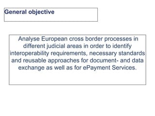 General objective Analyse European cross border processes in different judicial areas in order to identify interoperability requirements, necessary standards and reusable approaches for document- and data exchange as well as for ePayment Services.