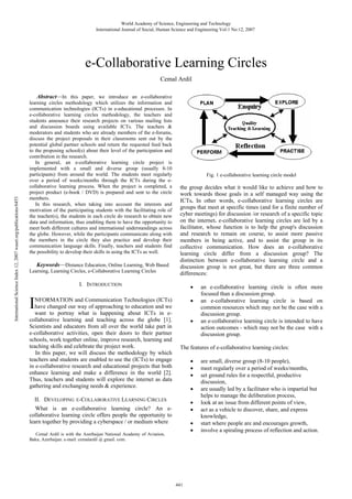 World Academy of Science, Engineering and Technology
International Journal of Social, Human Science and Engineering Vol:1 No:12, 2007

e-Collaborative Learning Circles

International Science Index 12, 2007 waset.org/publications/6453

Cemal Ardil
Abstract—In this paper, we introduce an e-collaborative
learning circles methodology which utilizes the information and
communication technologies (ICTs) in e-educational processes. In
e-collaborative learning circles methodology, the teachers and
students announce their research projects on various mailing lists
and discussion boards using available ICTs. The teachers &
moderators and students who are already members of the e-forums,
discuss the project proposals in their classrooms sent out by the
potential global partner schools and return the requested feed back
to the proposing school(s) about their level of the participation and
contribution in the research.
In general, an e-collaborative learning circle project is
implemented with a small and diverse group (usually 8-10
participants) from around the world. The students meet regularly
over a period of weeks/months through the ICTs during the ecollaborative learning process. When the project is completed, a
project product (e-book / DVD) is prepared and sent to the circle
members.
In this research, when taking into account the interests and
motivation of the participating students with the facilitating role of
the teacher(s), the students in each circle do research to obtain new
data and information, thus enabling them to have the opportunity to
meet both different cultures and international understandings across
the globe. However, while the participants communicate along with
the members in the circle they also practice and develop their
communication language skills. Finally, teachers and students find
the possibility to develop their skills in using the ICTs as well.
Keywords—Distance Education, Online Learning, Web Based
Learning, Learning Circles, e-Collaborative Learning Circles

Fig. 1 e-collaborative learning circle model

the group decides what it would like to achieve and how to
work towards those goals in a self managed way using the
ICTs. In other words, e-collaborative learning circles are
groups that meet at specific times (and for a finite number of
cyber meetings) for discussion /or research of a specific topic
on the internet. e-collaborative learning circles are led by a
facilitator, whose function is to help the group's discussion
and research to remain on course, to assist more passive
members in being active, and to assist the group in its
collective communication. How does an e-collaborative
learning circle differ from a discussion group? The
distinction between e-collaborative learning circle and a
discussion group is not great, but there are three common
differences:

I. INTRODUCTION

•

NFORMATION and Communication Technologies (ICTs)
have changed our way of approaching to education and we
want to portray what is happening about ICTs in ecollaborative learning and teaching across the globe [1].
Scientists and educators from all over the world take part in
e-collaborative activities, open their doors to their partner
schools, work together online, improve research, learning and
teaching skills and celebrate the project work.
In this paper, we will discuss the methodology by which
teachers and students are enabled to use the (ICTs) to engage
in e-collaborative research and educational projects that both
enhance learning and make a difference in the world [2].
Thus, teachers and students will explore the internet as data
gathering and exchanging needs & experience.

•

I

•

an e-collaborative learning circle is often more
focused than a discussion group.
an e-collaborative learning circle is based on
common resources which may not be the case with a
discussion group.
an e-collaborative learning circle is intended to have
action outcomes - which may not be the case with a
discussion group.

The features of e-collaborative learning circles:
•
•
•
•

II. DEVELOPING E-COLLABORATIVE LEARNING CIRCLES

•
•

What is an e-collaborative learning circle? An ecollaborative learning circle offers people the opportunity to
learn together by providing a cyberspace / or medium where

•
•

Cemal Ardil is with the Azerbaijan National Academy of Aviation,
Baku, Azerbaijan. e-mail: cemalardil @ gmail. com.

441

are small, diverse group (8-10 people),
meet regularly over a period of weeks/months,
set ground rules for a respectful, productive
discussion,
are usually led by a facilitator who is impartial but
helps to manage the deliberation process,
look at an issue from different points of view,
act as a vehicle to discover, share, and express
knowledge,
start where people are and encourages growth,
involve a spiraling process of reflection and action.

 