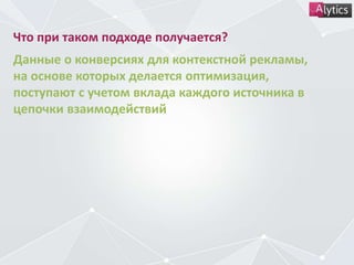Что при таком подходе получается?
Данные о конверсиях для контекстной рекламы,
на основе которых делается оптимизация,
поступают с учетом вклада каждого источника в
цепочки взаимодействий
 