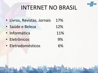 INTERNET NO BRASIL Livros, Revistas, Jornais  17% Saúde e Beleza  12% Informática  11% Eletrônicos  9% Eletrodomésticos  6% 