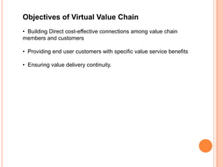 Objectives of Virtual Value Chain
• Building Direct cost-effective connections among value chain
members and customers
• Providing end user customers with specific value service benefits
• Ensuring value delivery continuity.

 
