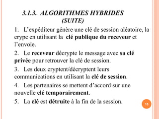 3.1.3. ALGORITHMES HYBRIDES
(SUITE)
1. L’expéditeur génère une clé de session aléatoire, la
crype en utilisant la clé publique du receveur et
l’envoie.
2. Le receveur décrypte le message avec sa clé
privée pour retrouver la clé de session.
3. Les deux cryptent/décryptent leurs
communications en utilisant la clé de session.
4. Les partenaires se mettent d’accord sur une
nouvelle clé temporairement.
5. La clé est détruite à la fin de la session. 15
 