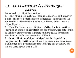 3.3. LE CERTIFICAT ÉLECTRONIQUE
(SUITE)
Scénario du certificat électronique :
1. Pour obtenir ce certificat chaque entreprise doit envoyer
à une autorité decertification différentes informations lui
concernant ( dénomination sociale, adresse, émail, activité ,
clé publique..)
2. Puis l’autorité de certification vérifie les informations
fournies et ajoute au certificat son propre nom, une date limite
de validité, et surtout une signature numérique. Le format des
certificats est défini par le standard X509v3.
3. Le certificat numérique est signé par la clé privé de
l’organisme de certification et remis au demandeur sous forme
d’un fichier qu’il peut stocker dans le disque dur de son PC ou
sur une carte à puce ou un USB.
20
 