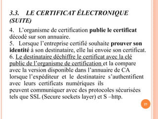 3.3. LE CERTIFICAT ÉLECTRONIQUE
(SUITE)
4. L’organisme de certification publie le certificat
décodé sur son annuaire.
5. Lorsque l’entreprise certifié souhaite prouver son
identité à son destinataire, elle lui envoie son certificat.
6. Le destinataire déchiffre le certificat avec la clé
public de l’organisme de certification et la compare
avec la version disponible dans l’annuaire de CA
lorsque l’expéditeur et le destinataire s’authentifient
avec leurs certificats numériques ils
peuvent communiquer avec des protocoles sécurisées
tels que SSL (Secure sockets layer) et S –http.
21
 