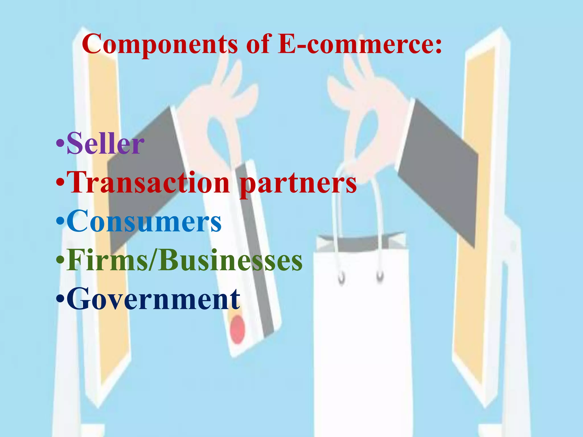 Components of E-commerce: 
•Seller 
•Transaction partners 
•Consumers 
•Firms/Businesses 
•Government 
 
