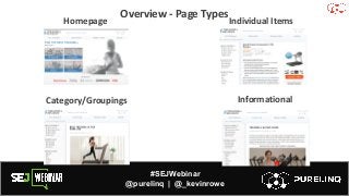 #SEJWebinar
@purelinq | @_kevinrowe
Overview - Page Types
Homepage
Category/Groupings
Individual Items
Informational
 