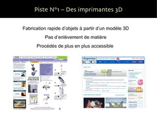 Piste N°1 – Des imprimantes 3D Fabrication rapide d’objets à partir d’un modèle 3D Pas d’enlèvement de matière Procédés de plus en plus accessible   