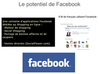 Le potentiel de Facebook Une centaine d’applications Facebook dédiées au Shopping en ligne : - Moteur de shopping - Social Shopping - Partage de bonnes affaires et de coupons - Ventes directes (Socialflower.com) 9 M de français utilisent Facebook 
