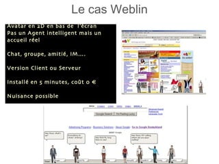 Le cas Weblin Avatar en 2D en bas de  l’écran Pas un Agent intelligent mais un accueil réel Chat, groupe, amitié, IM…. Version Client ou Serveur Installé en 5 minutes, coût 0 € Nuisance possible 