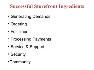 Successful Storefront Ingredients Generating Demands Ordering Fulfillment Processing Payments Service & Support Security Community 