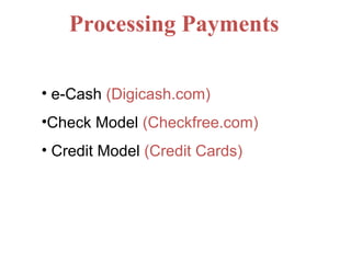 Processing Payments e-Cash  (Digicash.com) Check Model  (Checkfree.com) Credit Model  (Credit Cards) 